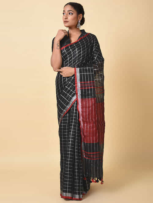 black checkered linen saree