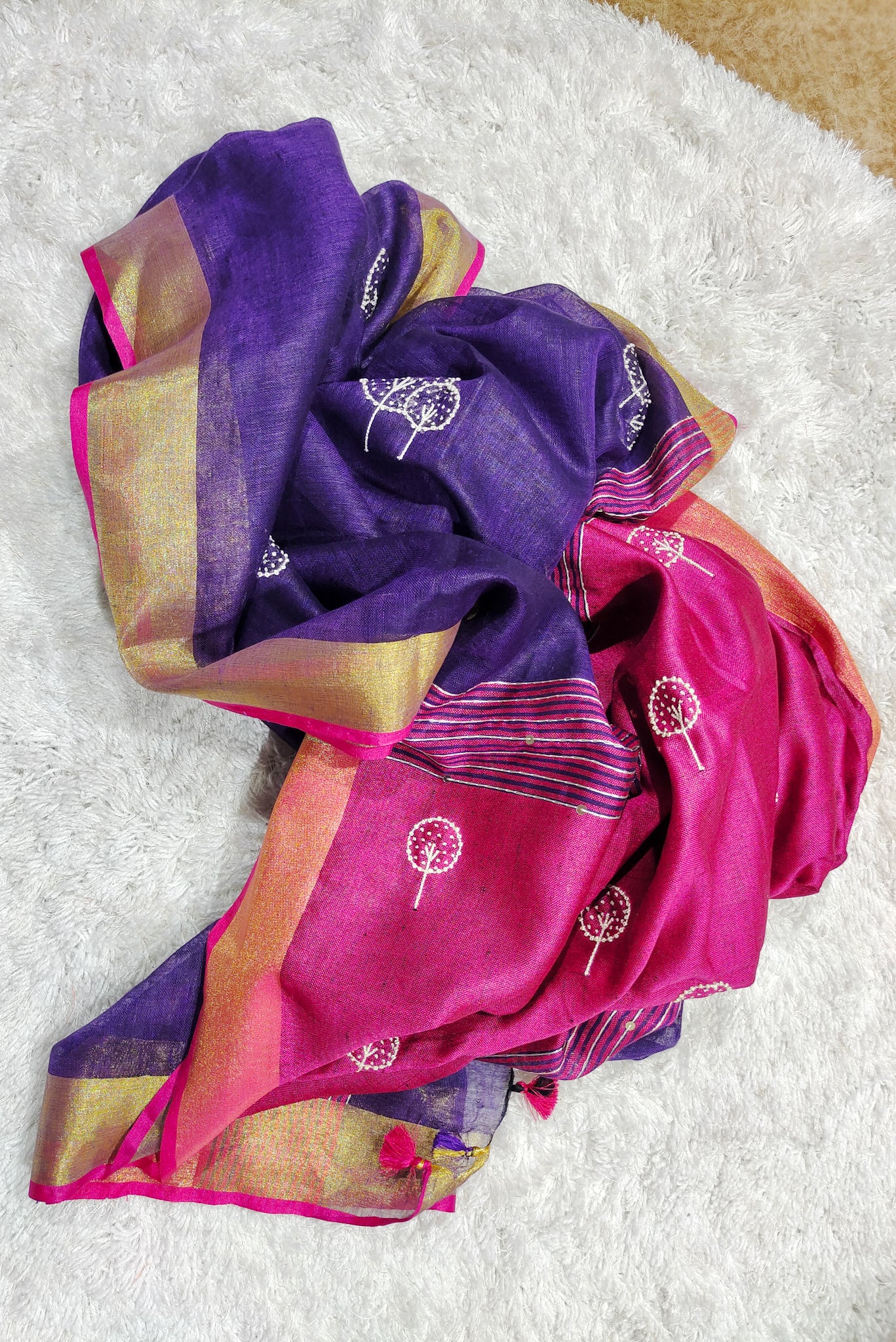 purple french knot hand embroidered linen saree - linenworldonline.in