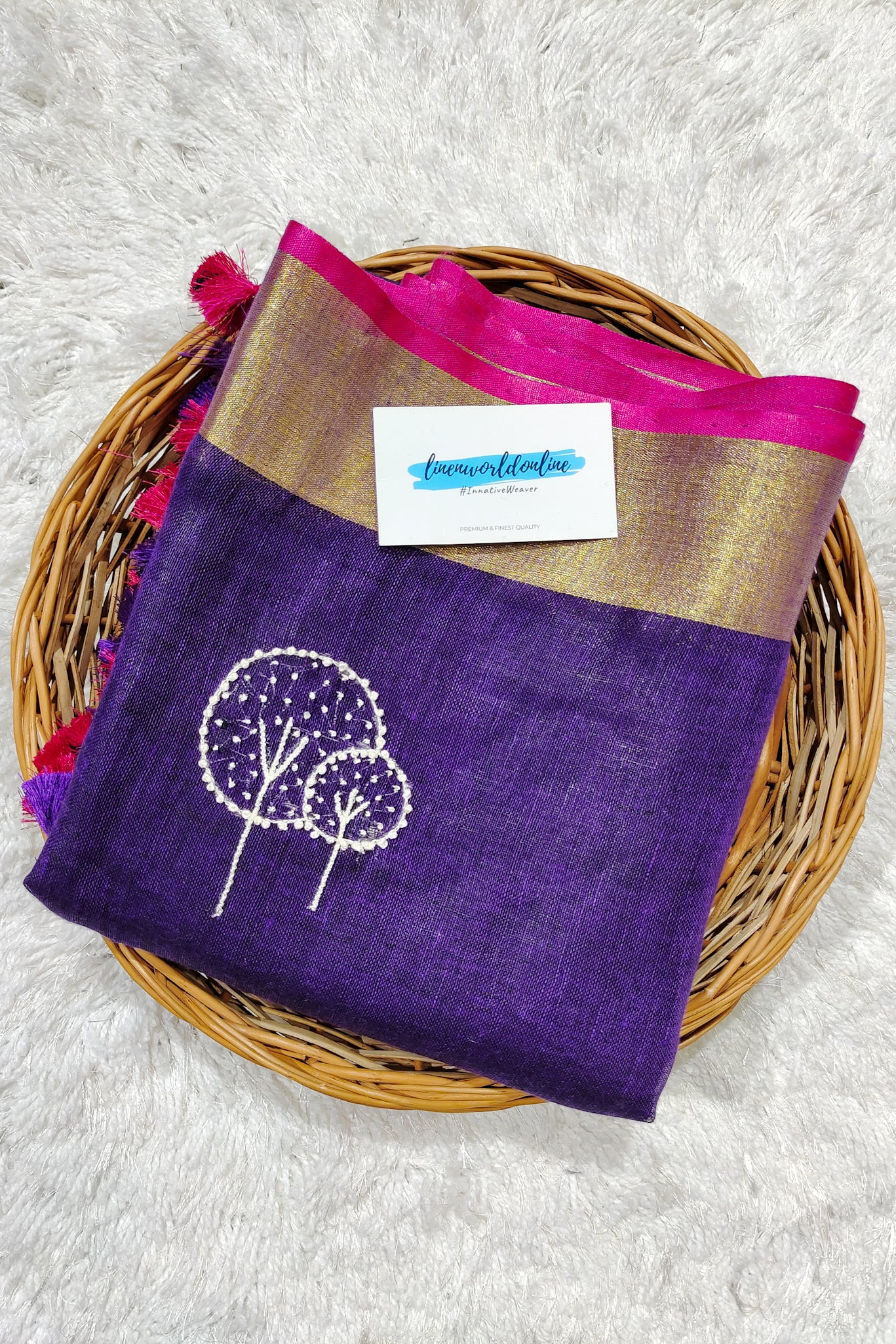 purple french knot hand embroidered linen saree - linenworldonline.in