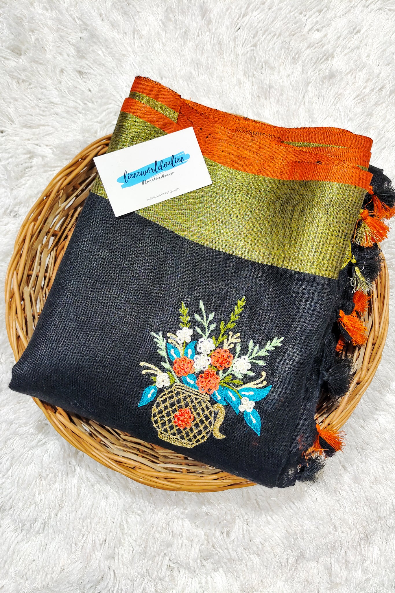 black french knot hand embroidered linen saree - linenworldonline.in