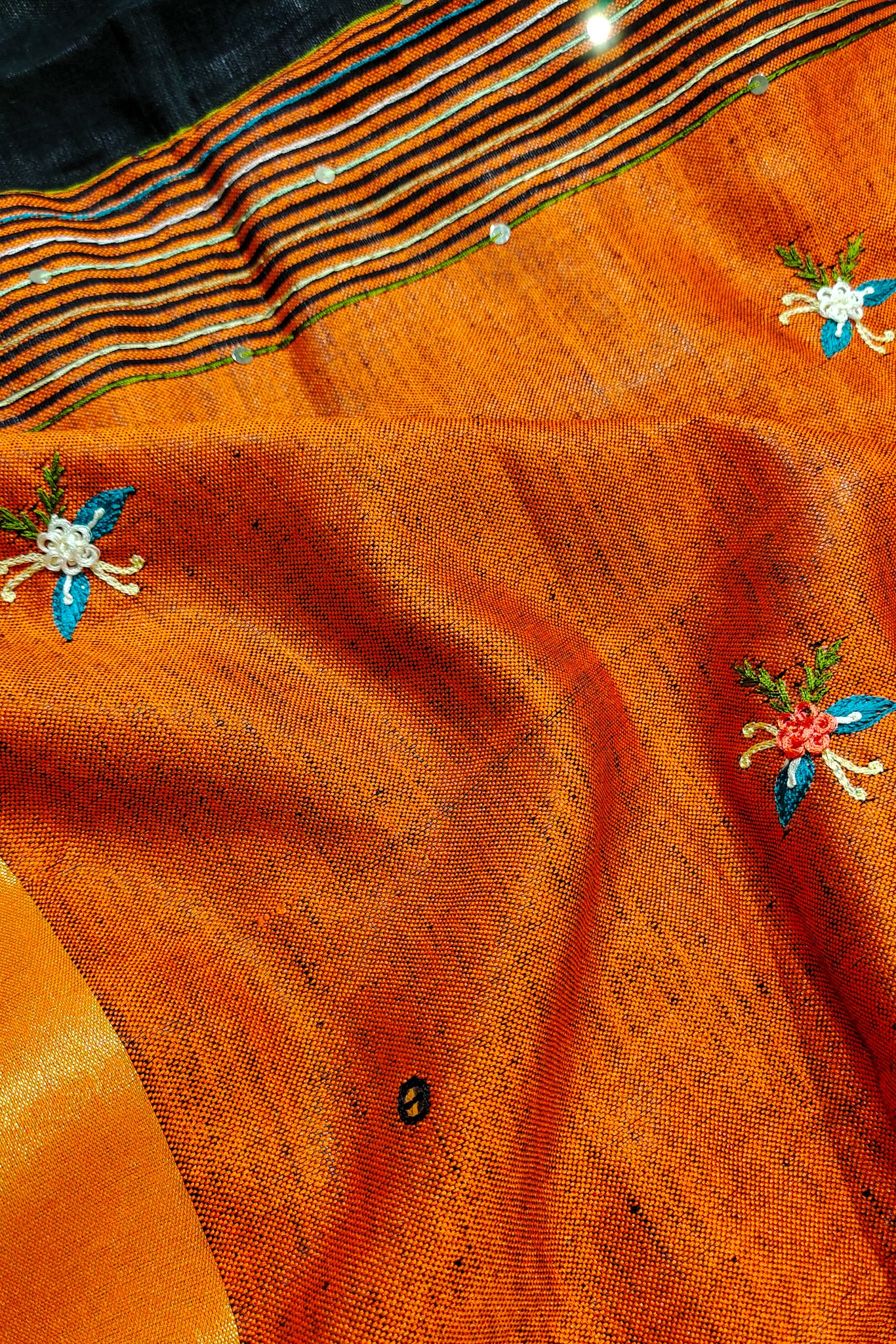 black french knot hand embroidered linen saree - linenworldonline.in