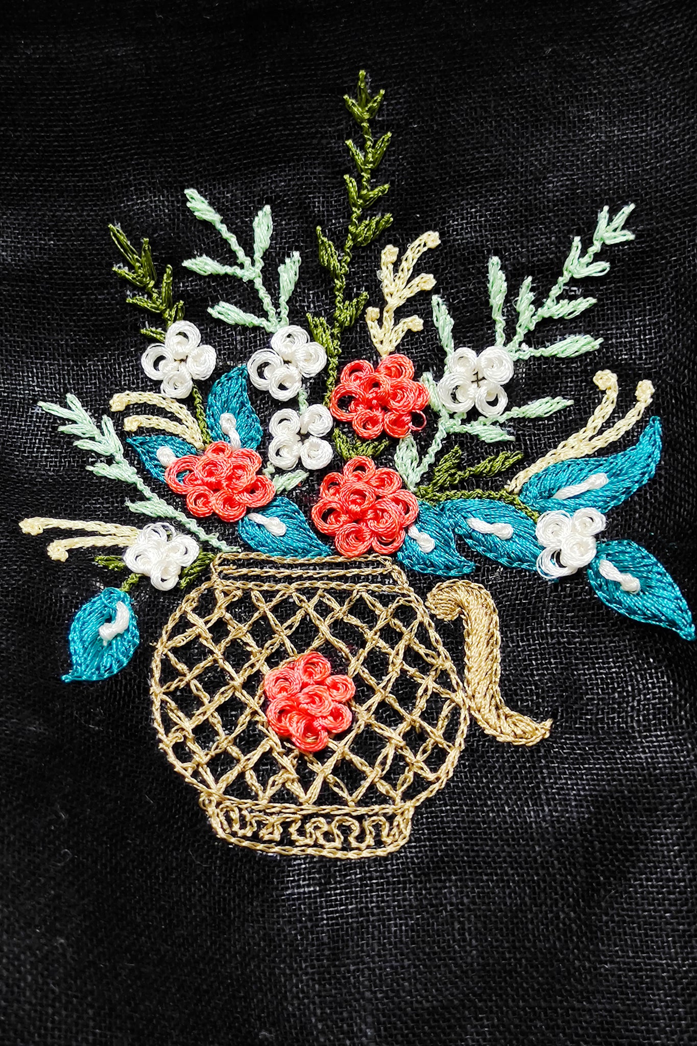 black french knot hand embroidered linen saree - linenworldonline.in