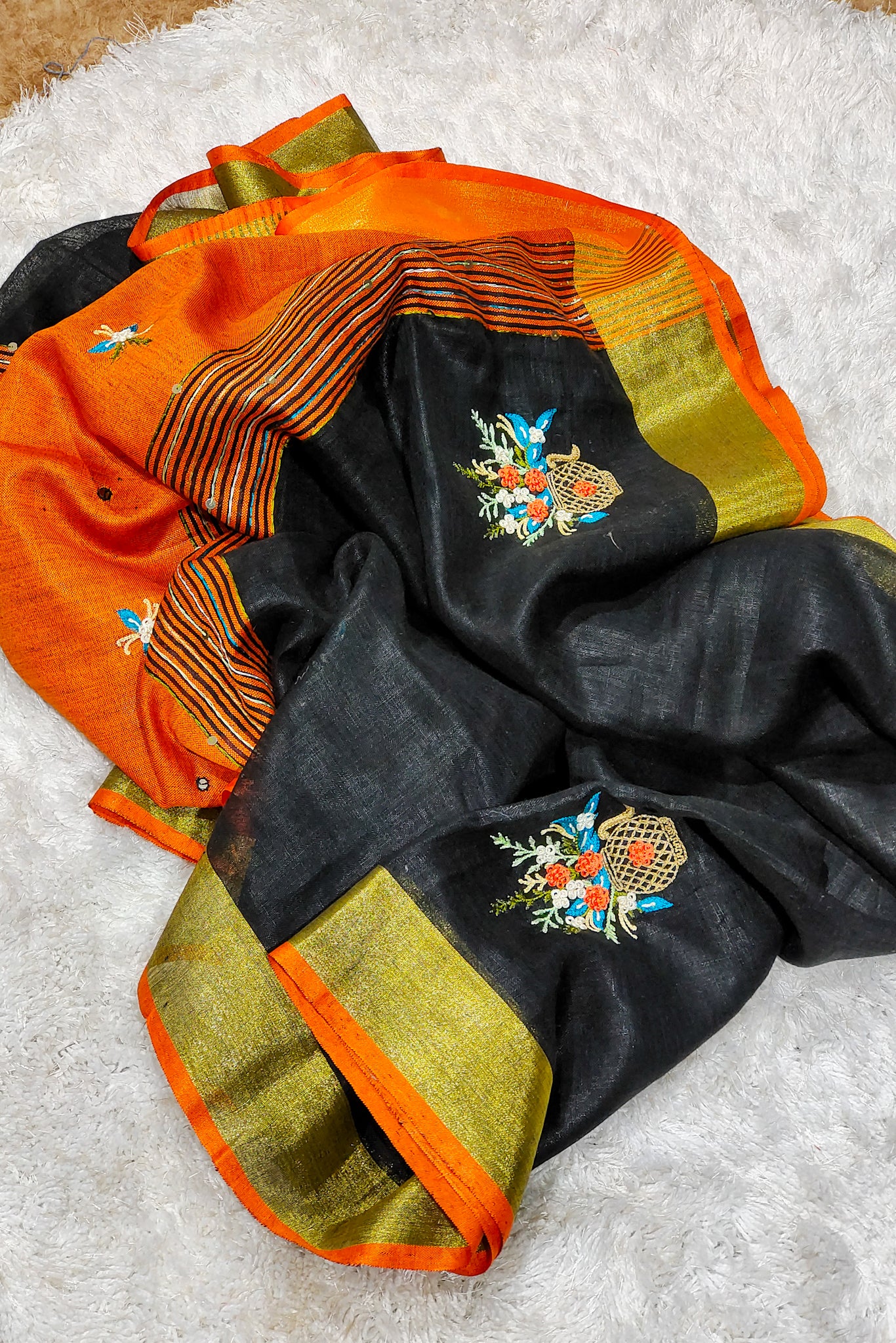 black french knot hand embroidered linen saree - linenworldonline.in