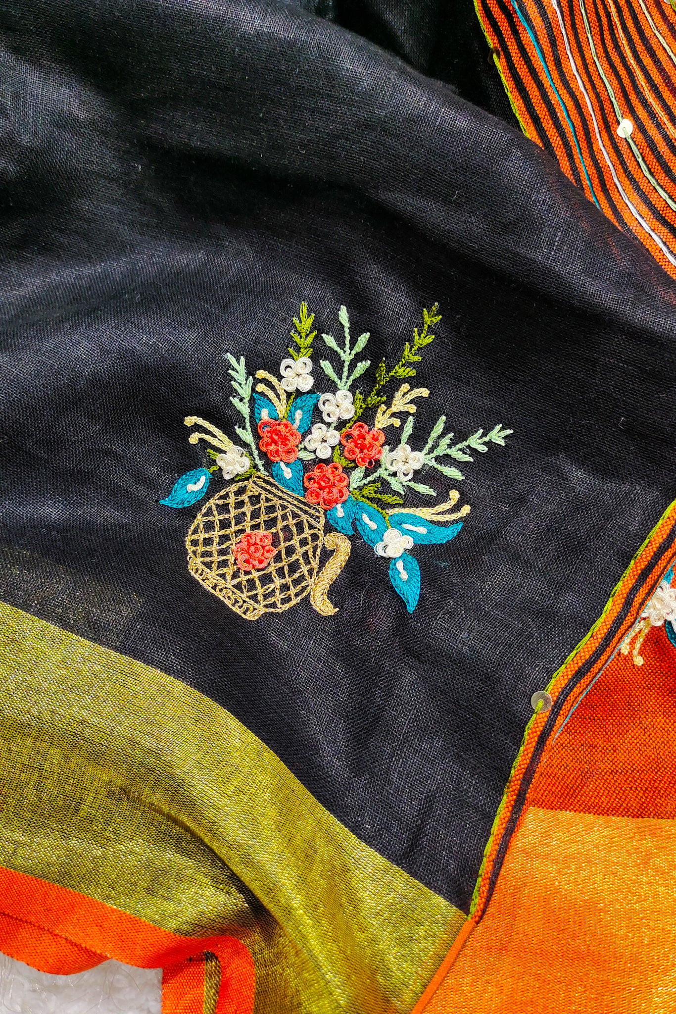 black french knot hand embroidered linen saree - linenworldonline.in