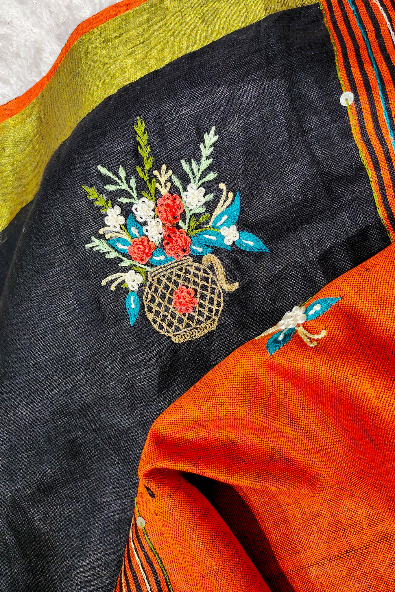 black french knot hand embroidered linen saree - linenworldonline.in