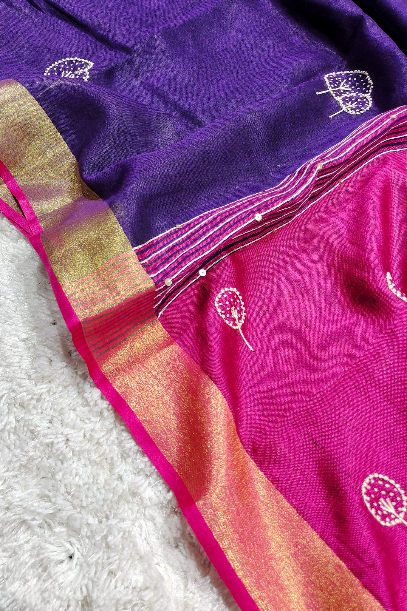 purple french knot hand embroidered linen saree - linenworldonline.in