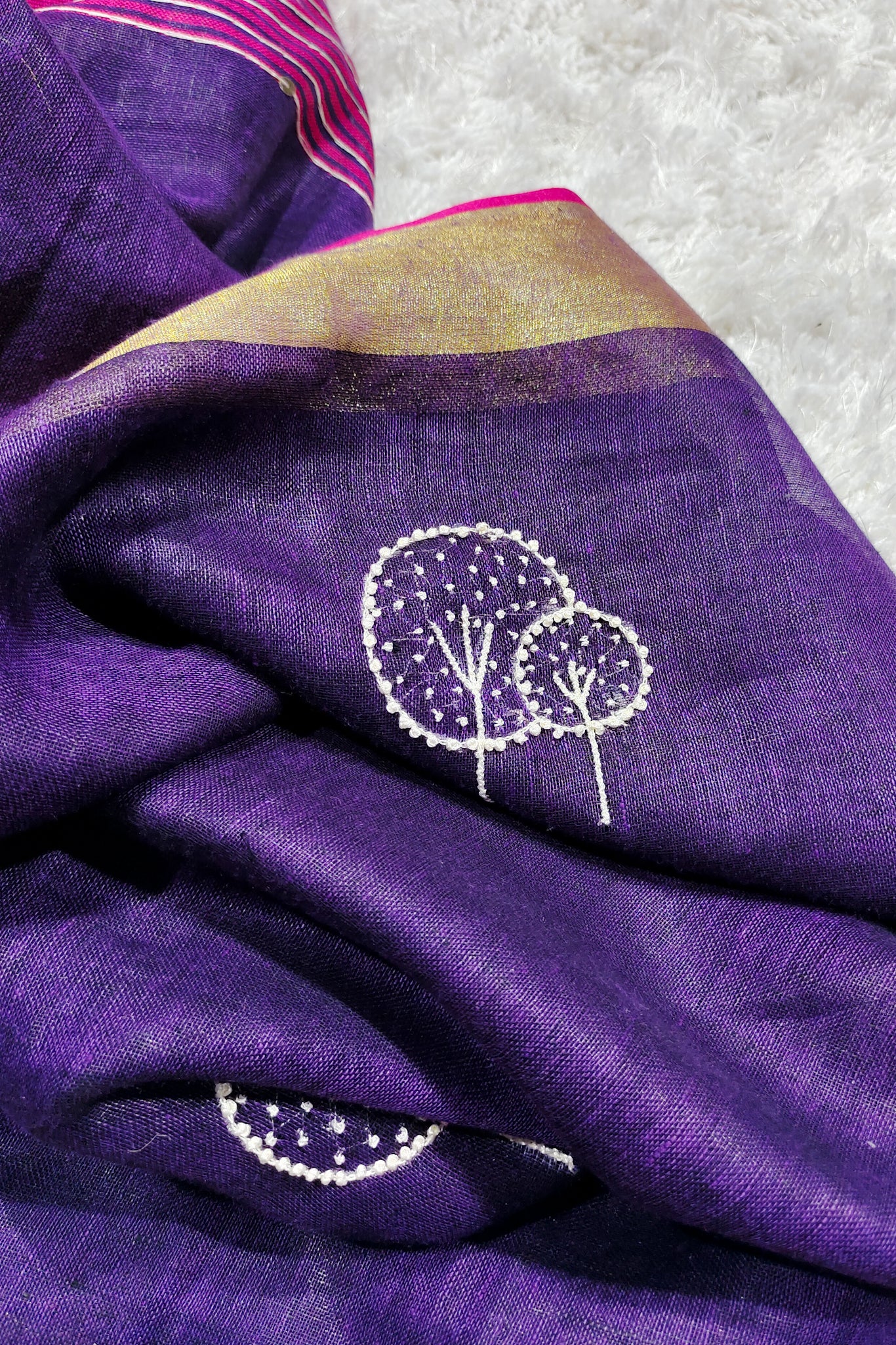 purple french knot hand embroidered linen saree - linenworldonline.in