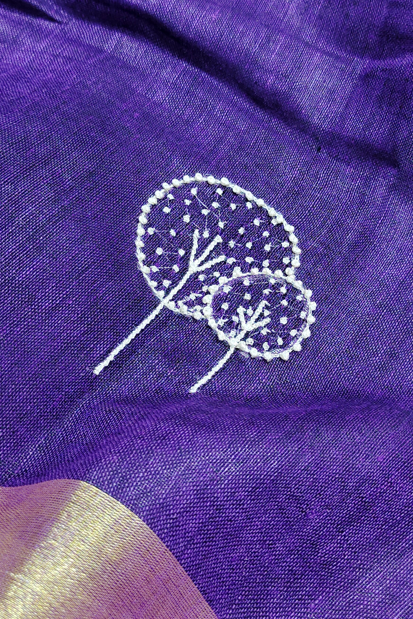 purple french knot hand embroidered linen saree - linenworldonline.in