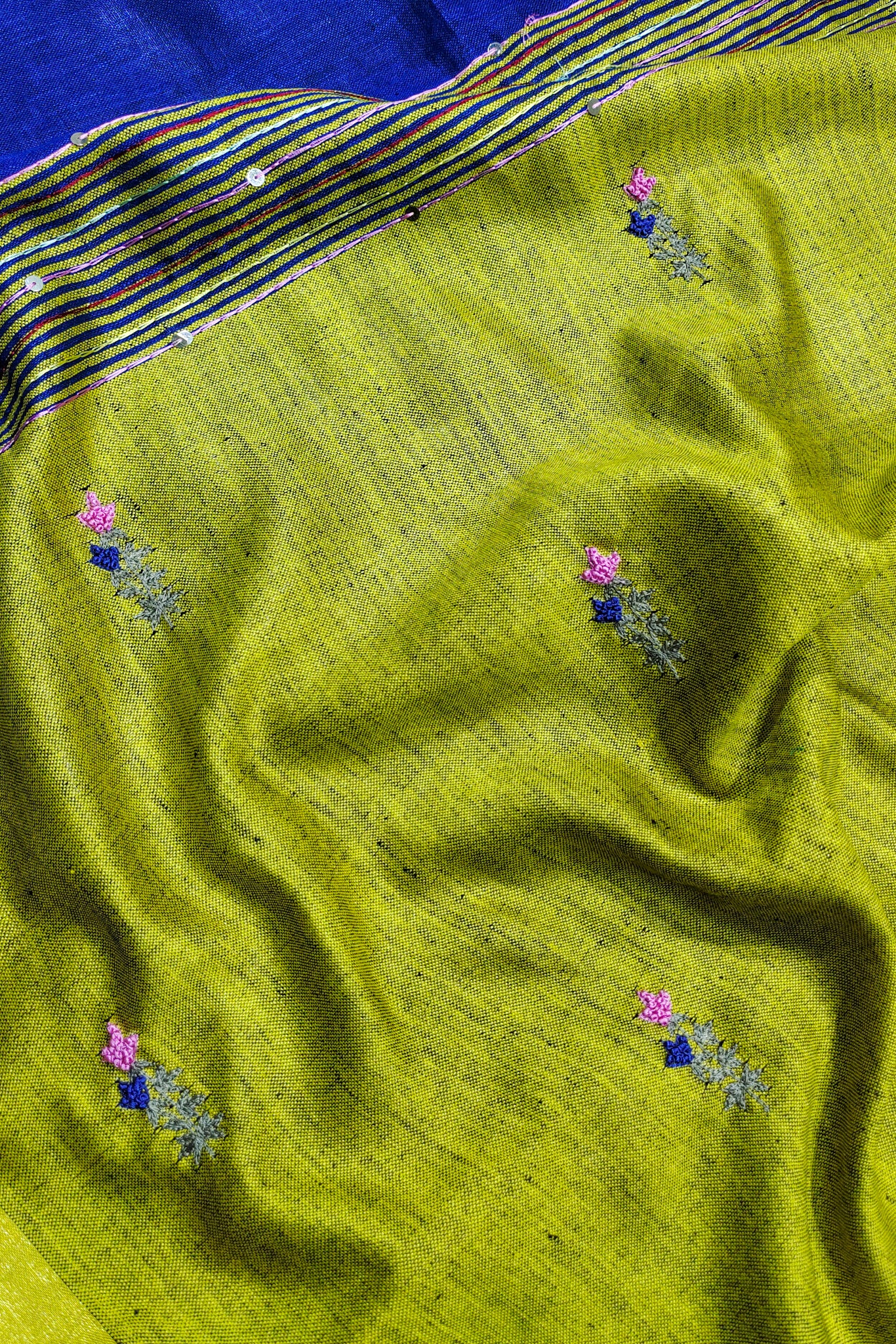 blue french knot hand embroidered linen saree - linenworldonline.in
