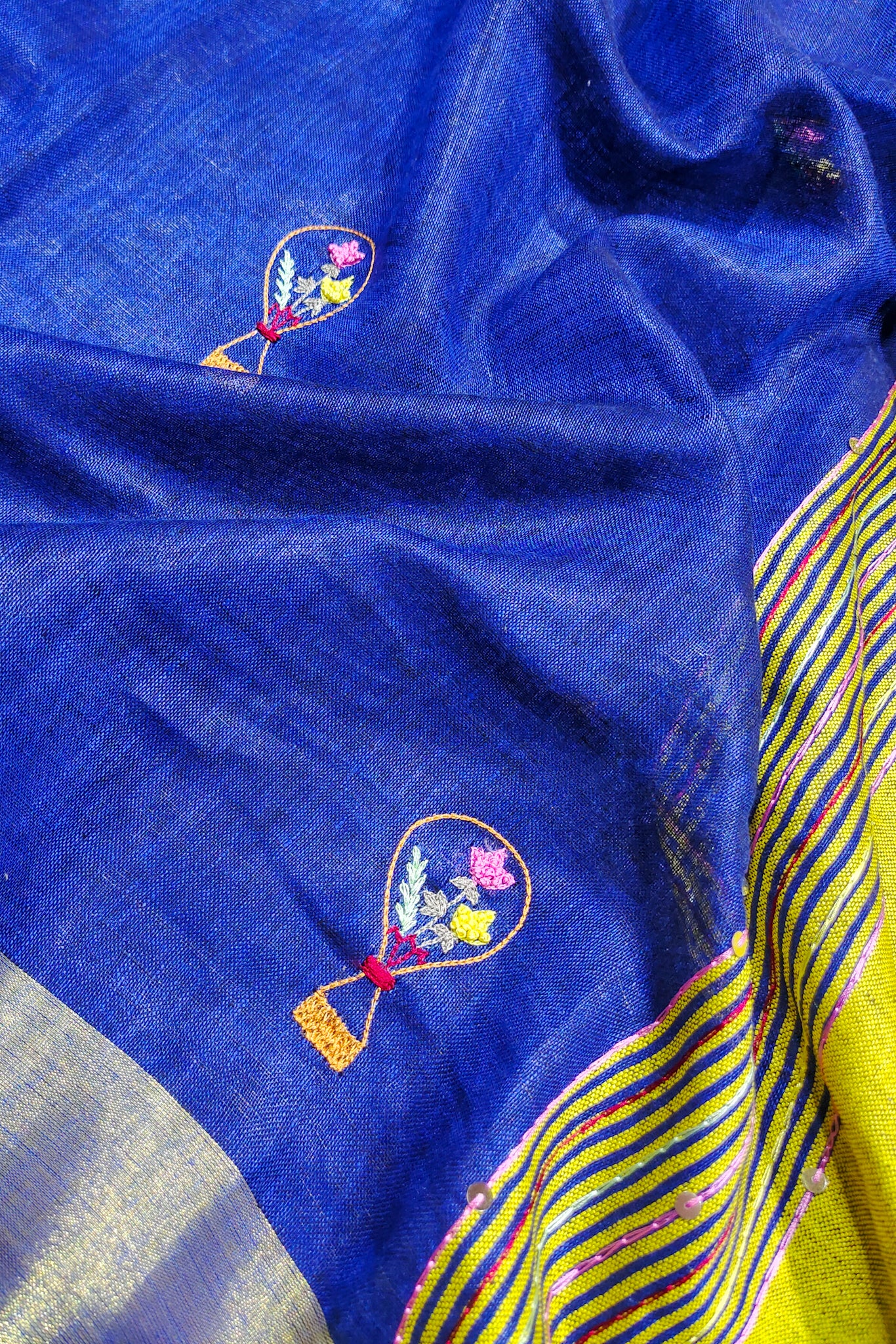 blue french knot hand embroidered linen saree - linenworldonline.in