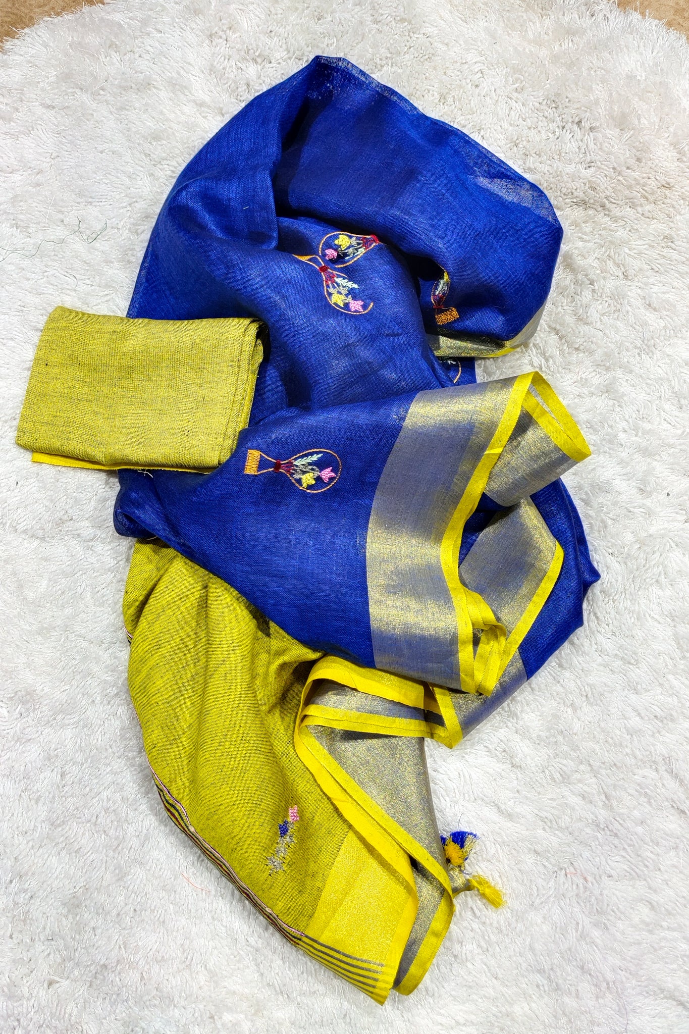 blue french knot hand embroidered linen saree - linenworldonline.in