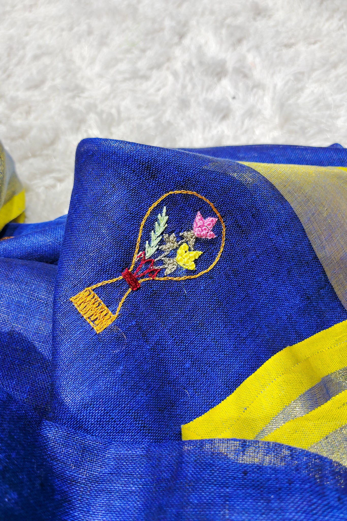 blue french knot hand embroidered linen saree - linenworldonline.in
