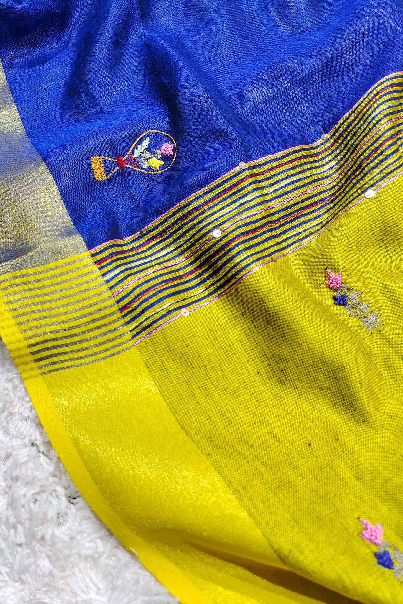 blue french knot hand embroidered linen saree - linenworldonline.in
