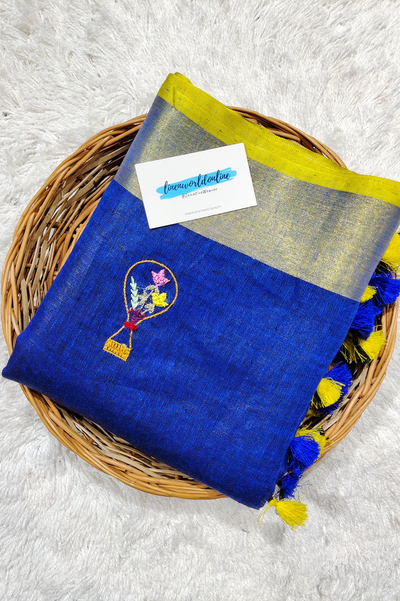 blue french knot hand embroidered linen saree - linenworldonline.in