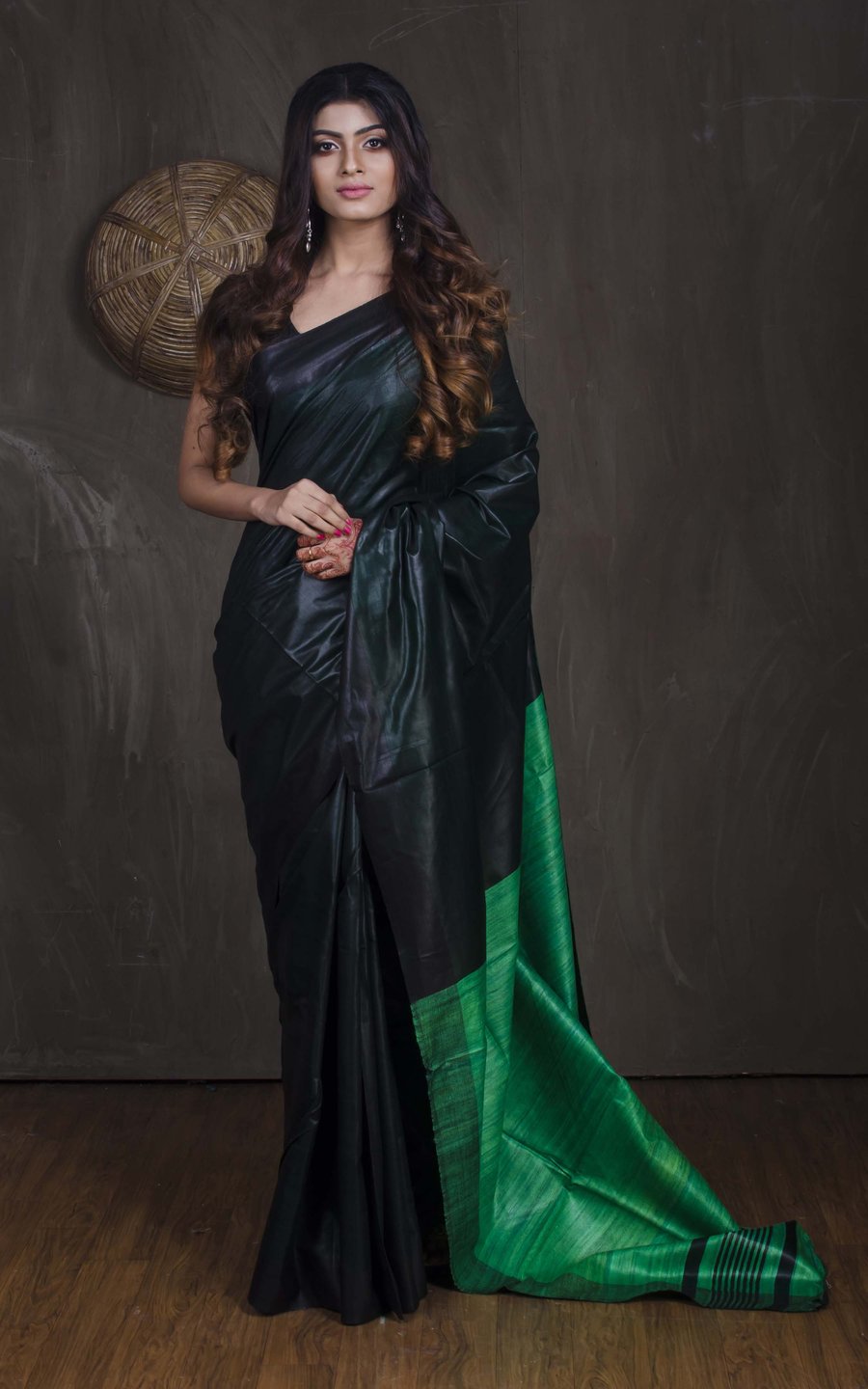 handloom tussar staple saree with ghicha pallu