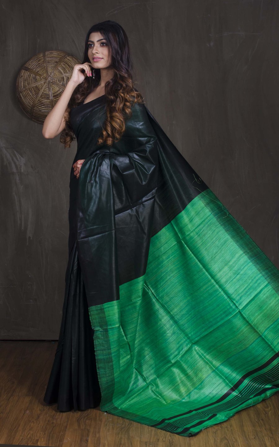 handloom tussar staple saree with ghicha pallu