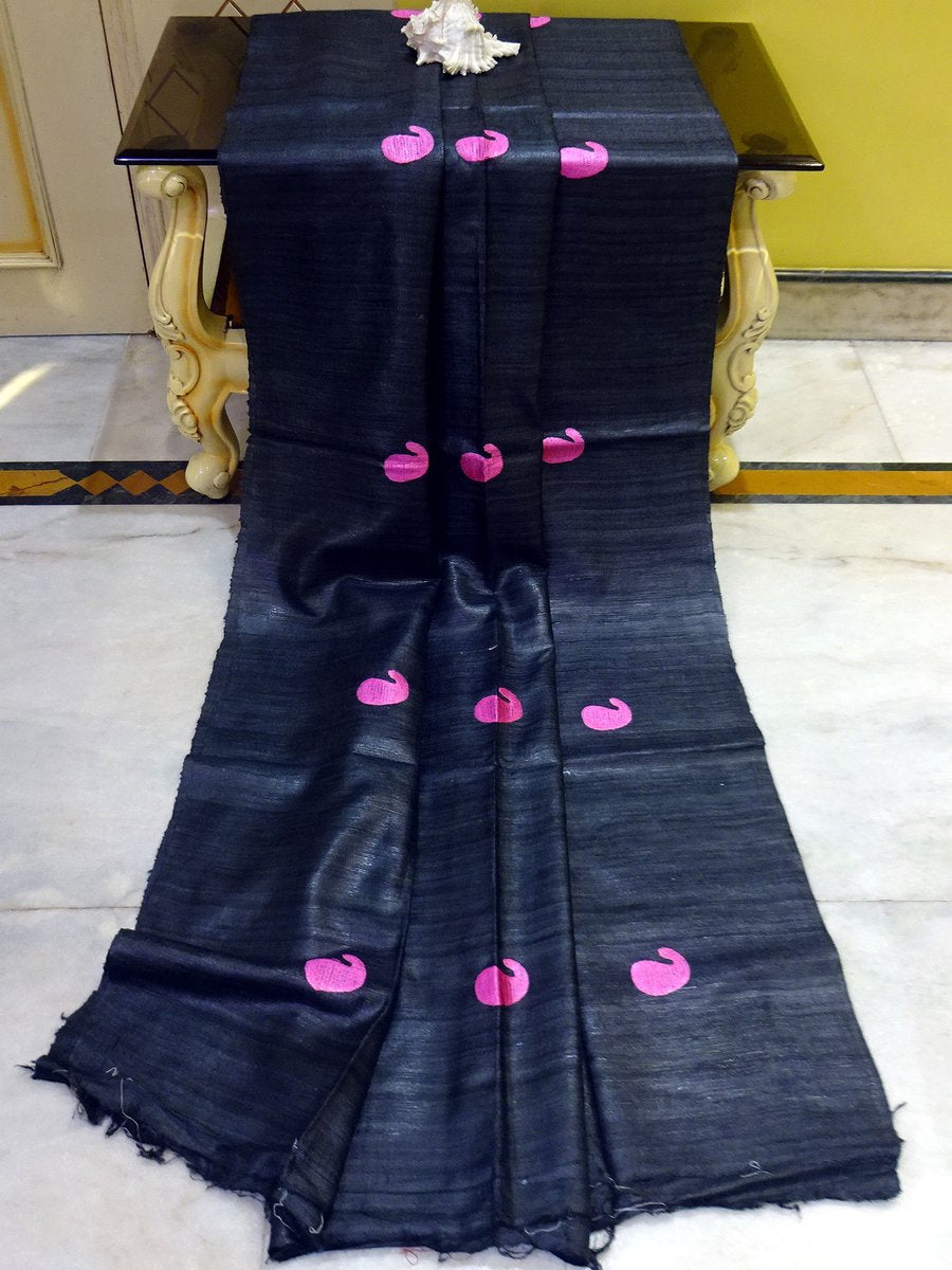 Tussar Ghicha Embroidered Saree - linenworldonline.in