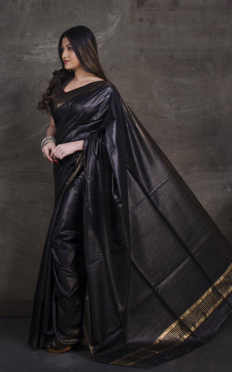 handloom tussar staple saree with ghicha pallu