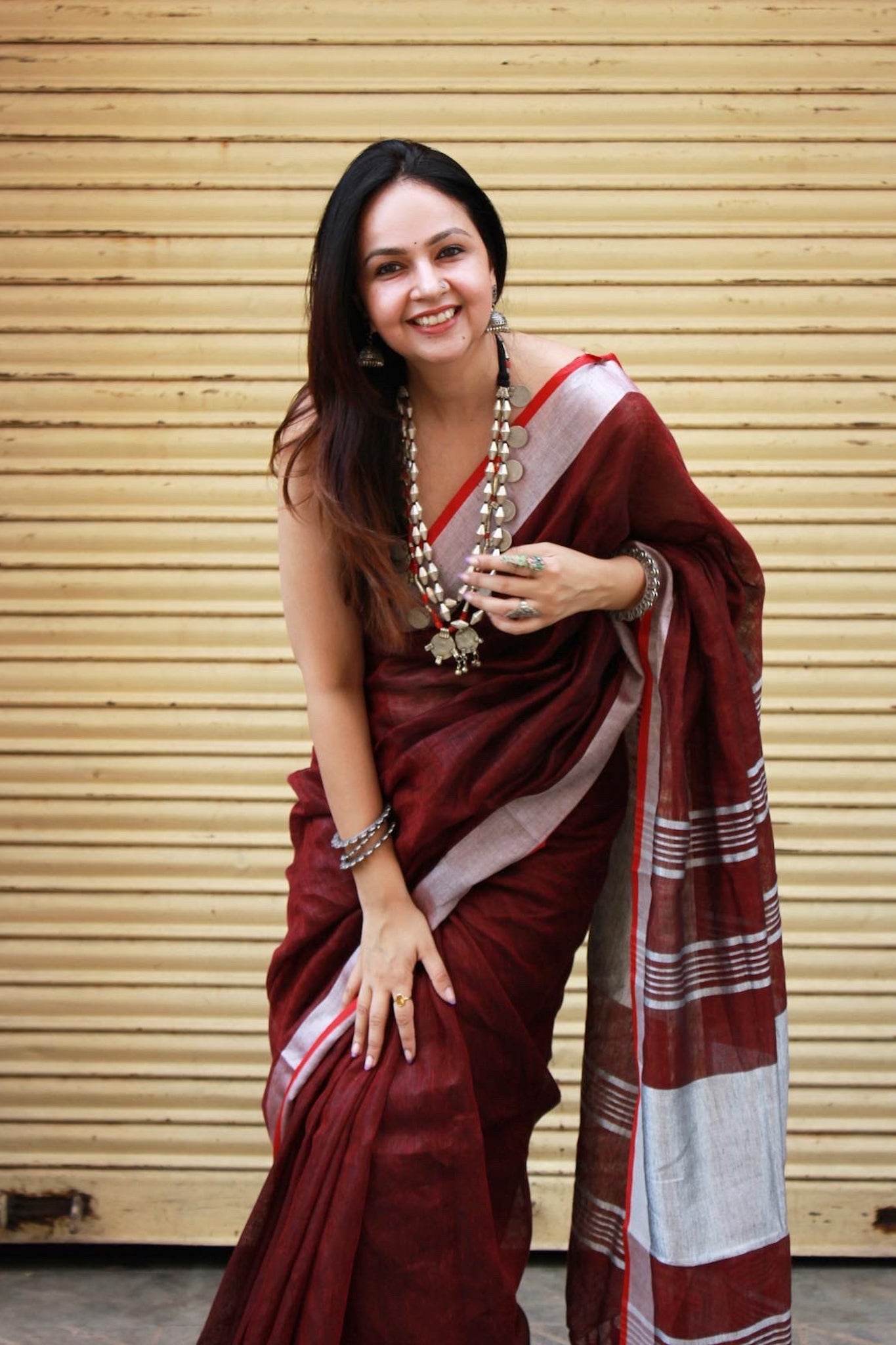 Shakuntala maroon organic pure linen saree - linenworldonline