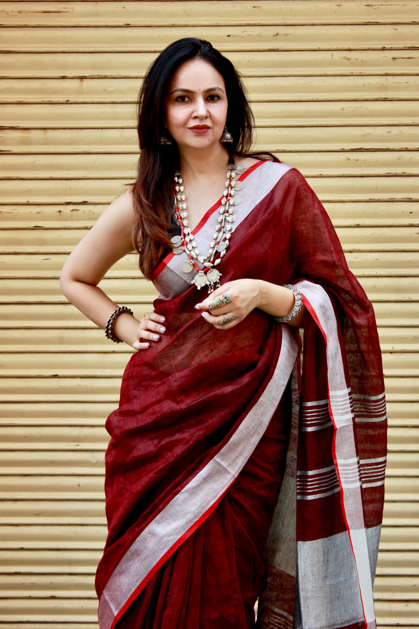 Shakuntala maroon organic pure linen saree - linenworldonline