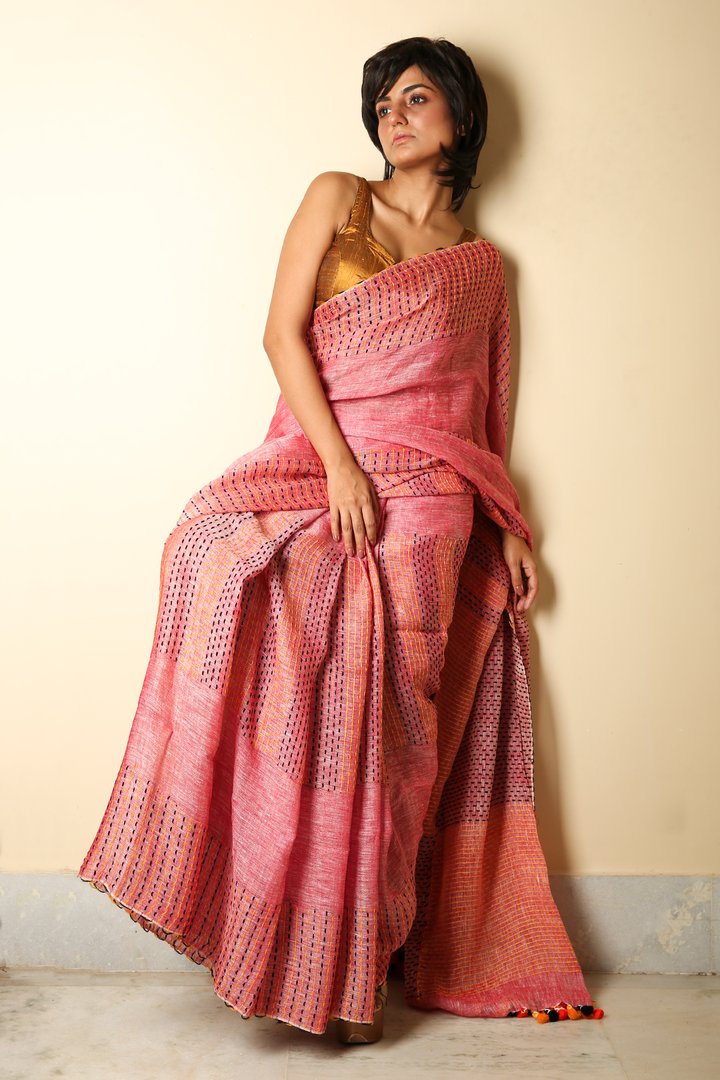 kantha style pure linen saree - linenworldonline.in