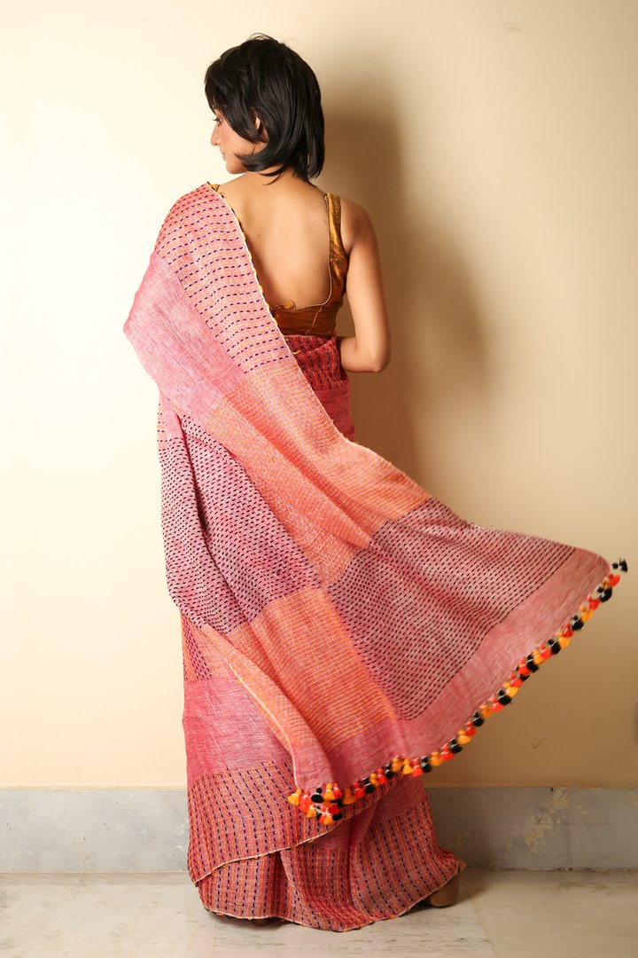 kantha style handwoven pure linen saree - linenworldonline.in