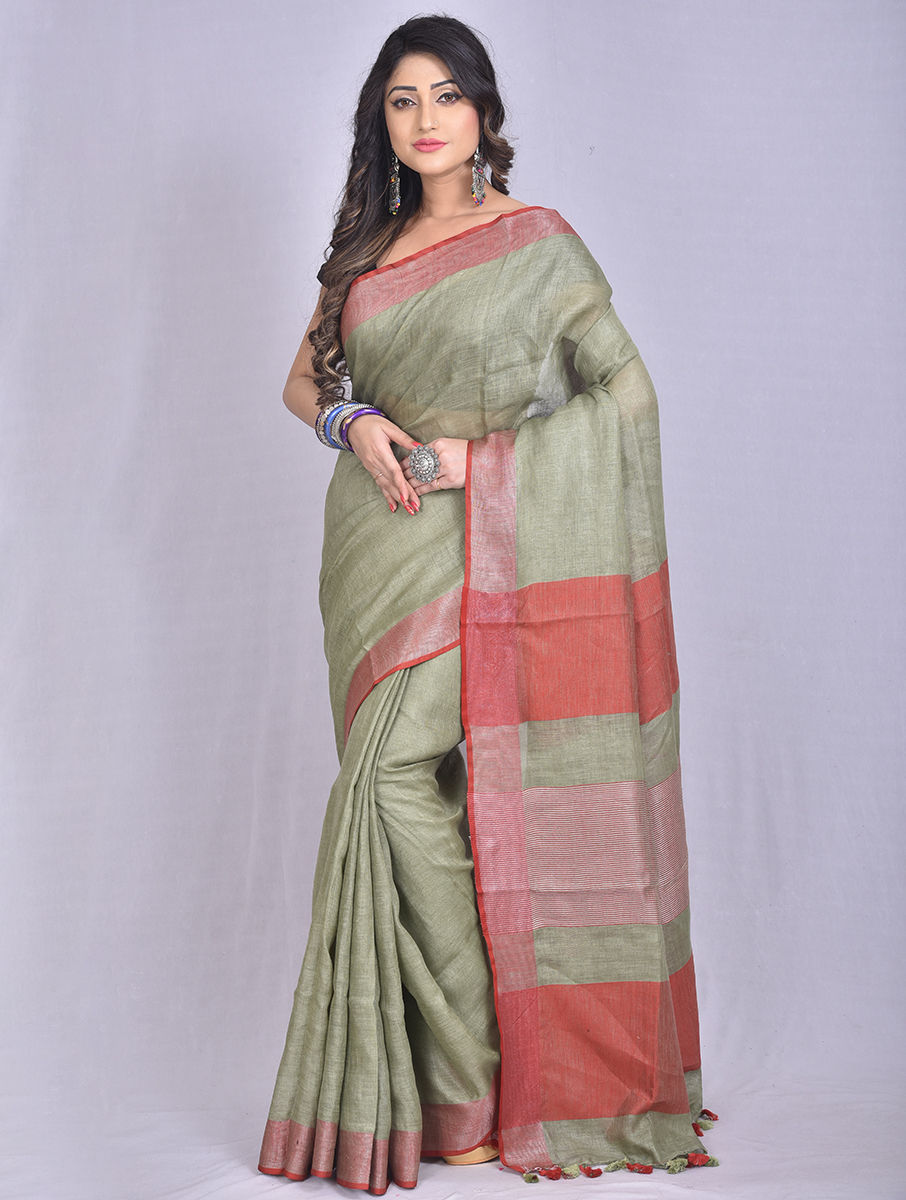 Sage green pure linen saree