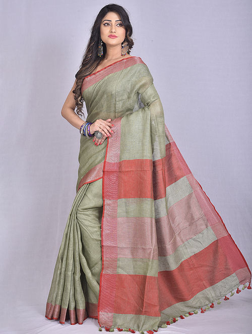 sage green pure linen saree