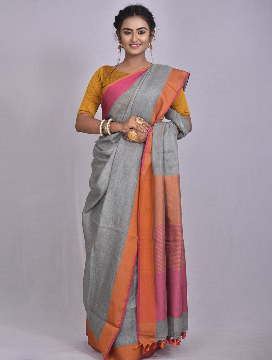 grey ganga yamuna pure linen saree