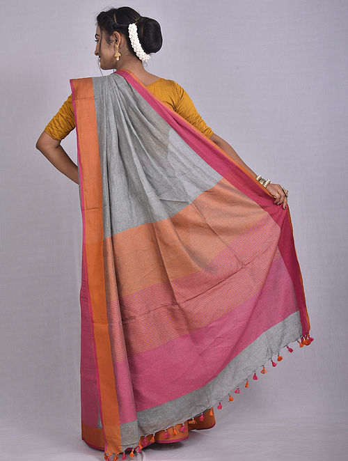 grey ganga yamuna pure linen saree