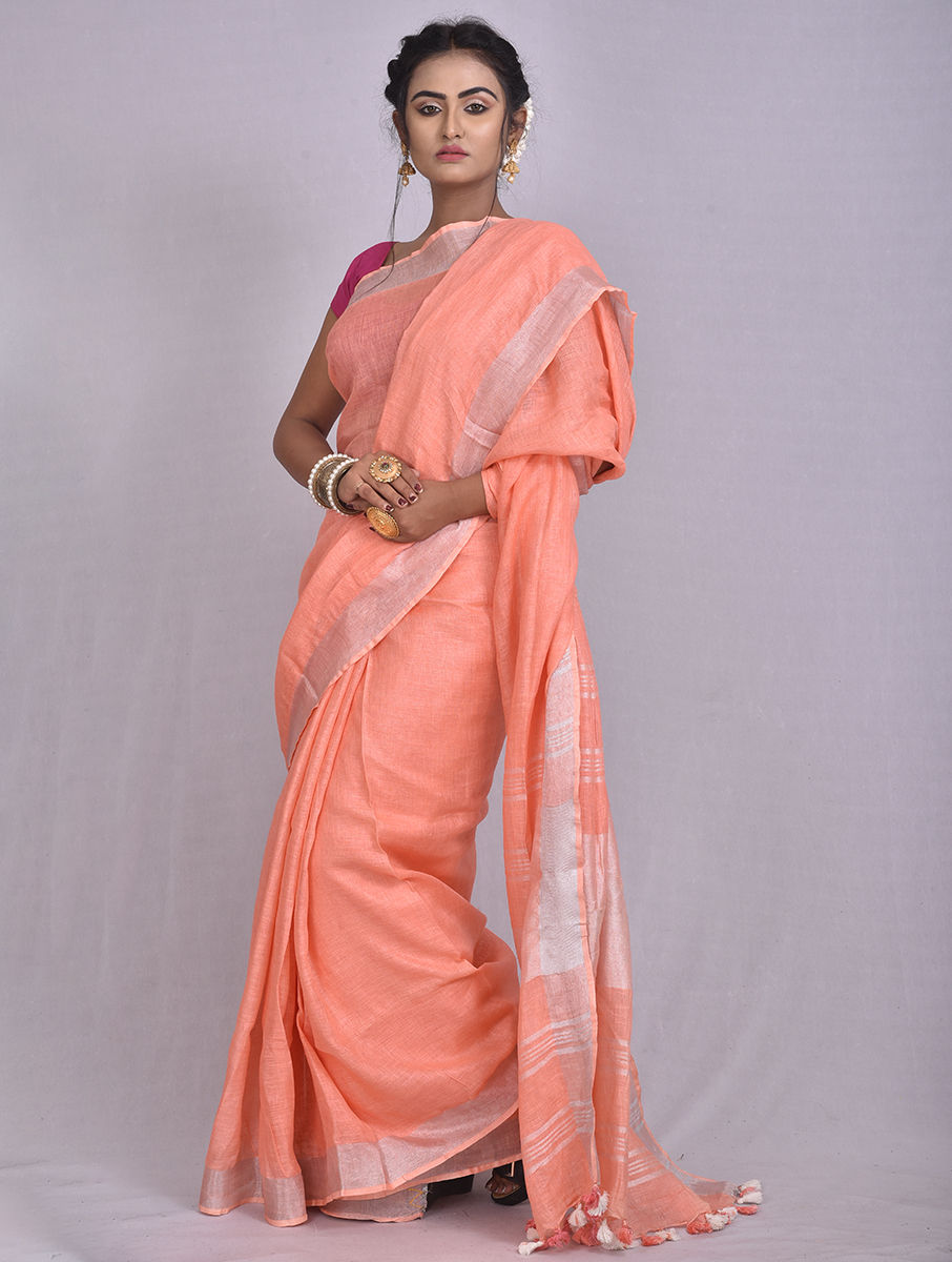 peach pure linen saree