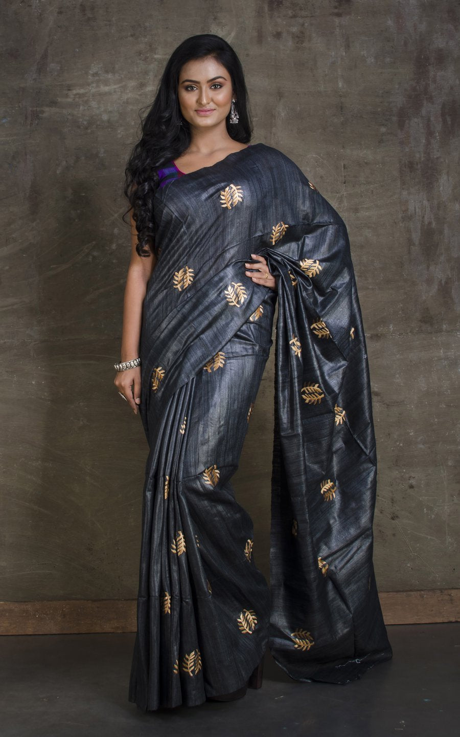 Tussar Ghicha Embroidered Saree - linenworldonline.in