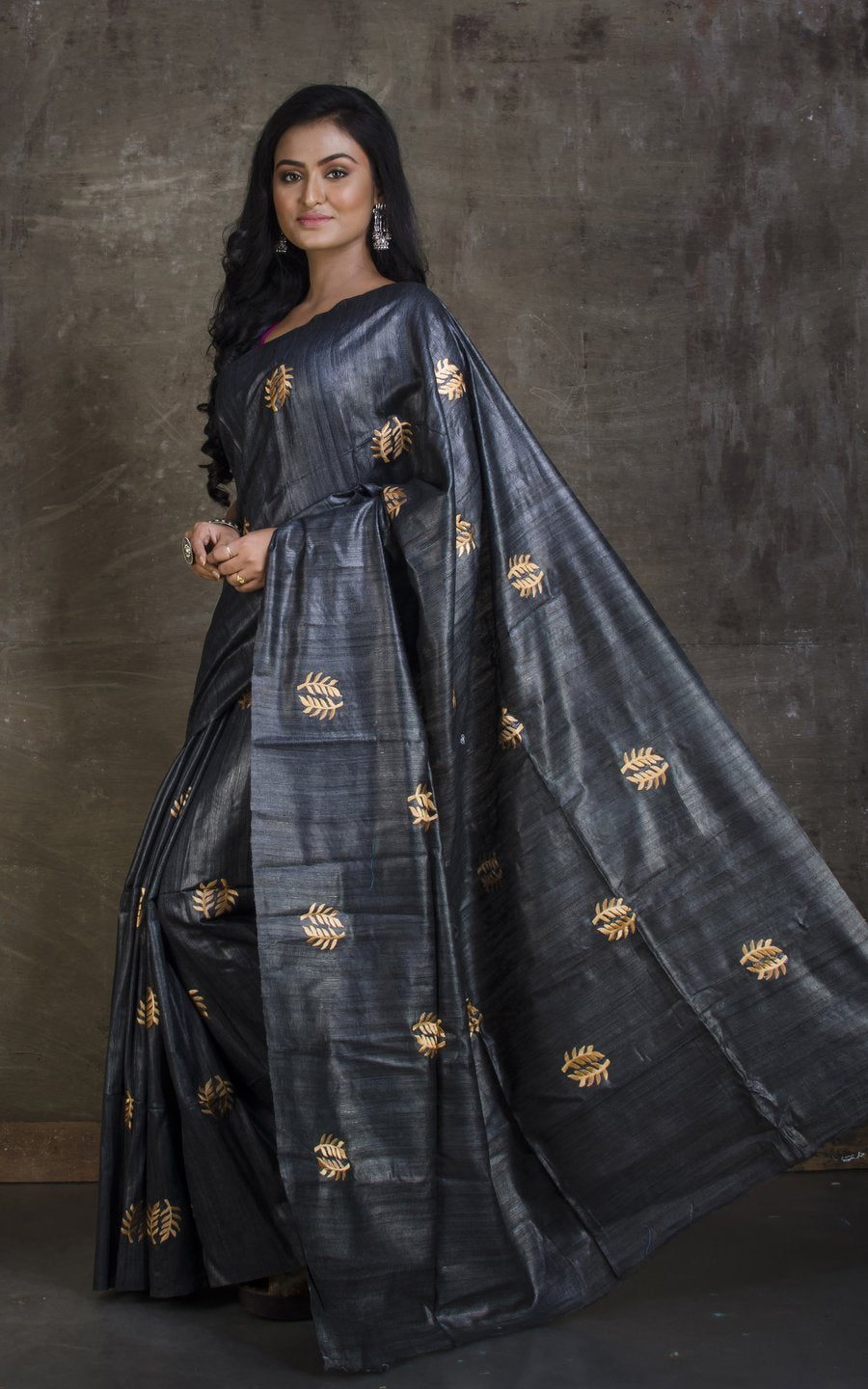 Tussar Ghicha Embroidered Saree - linenworldonline.in