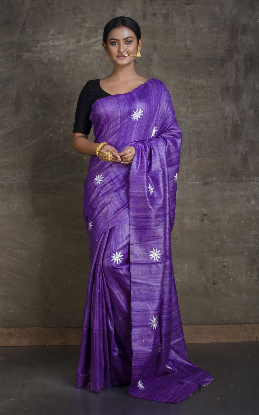 Tussar Ghicha Embroidered Saree - linenworldonline.in