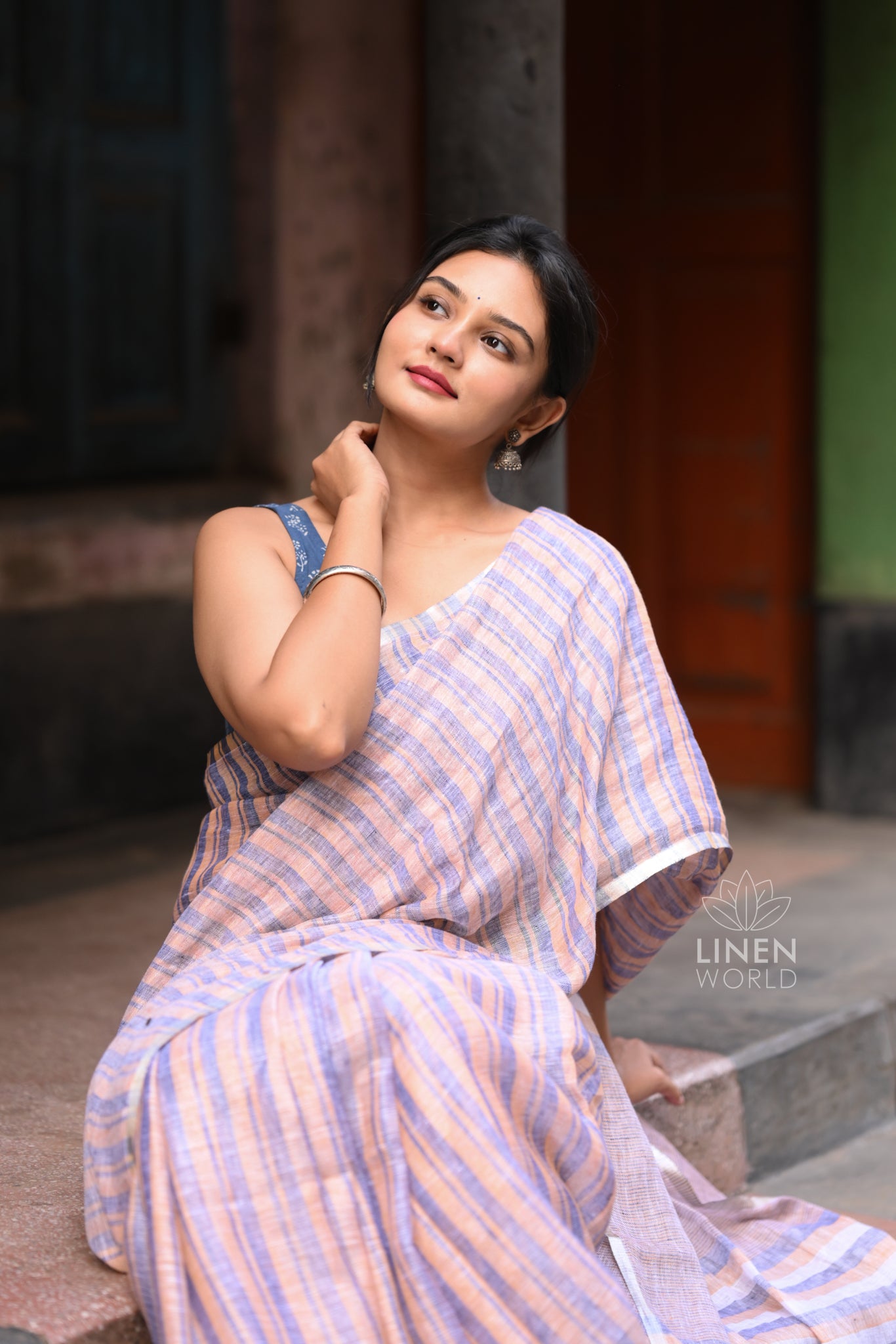 blue khaki handloom pure linen saree - linen world