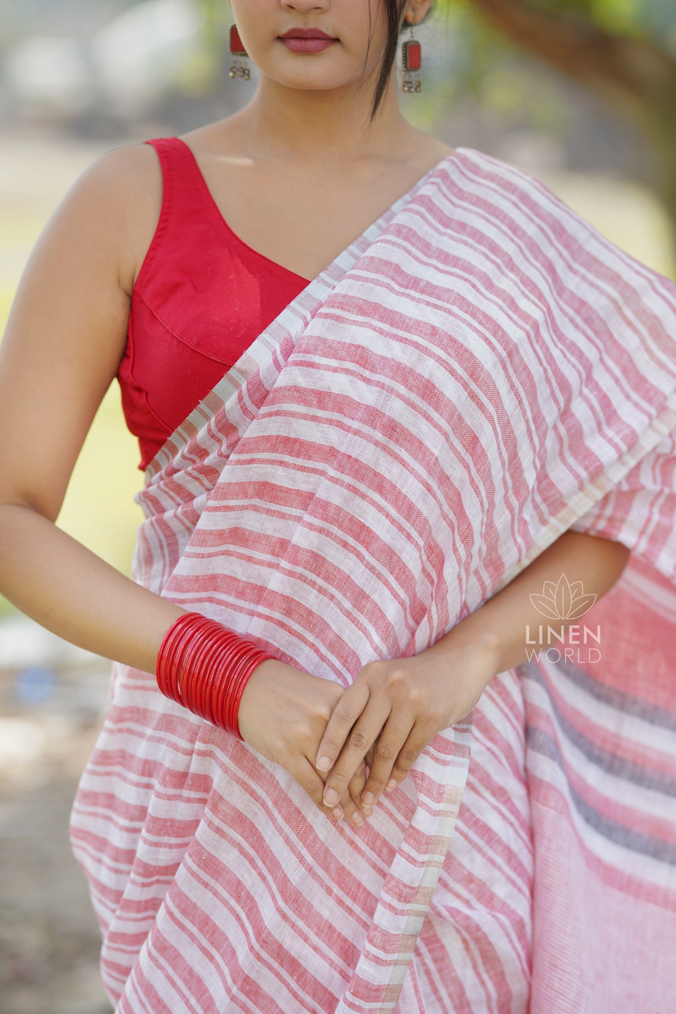 red white handloom pure linen saree - linen world