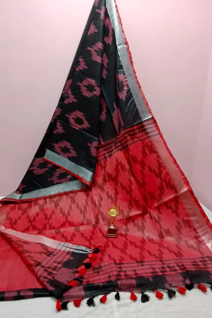 black redhandwoven ikat cotton saree - linenworldonline.in