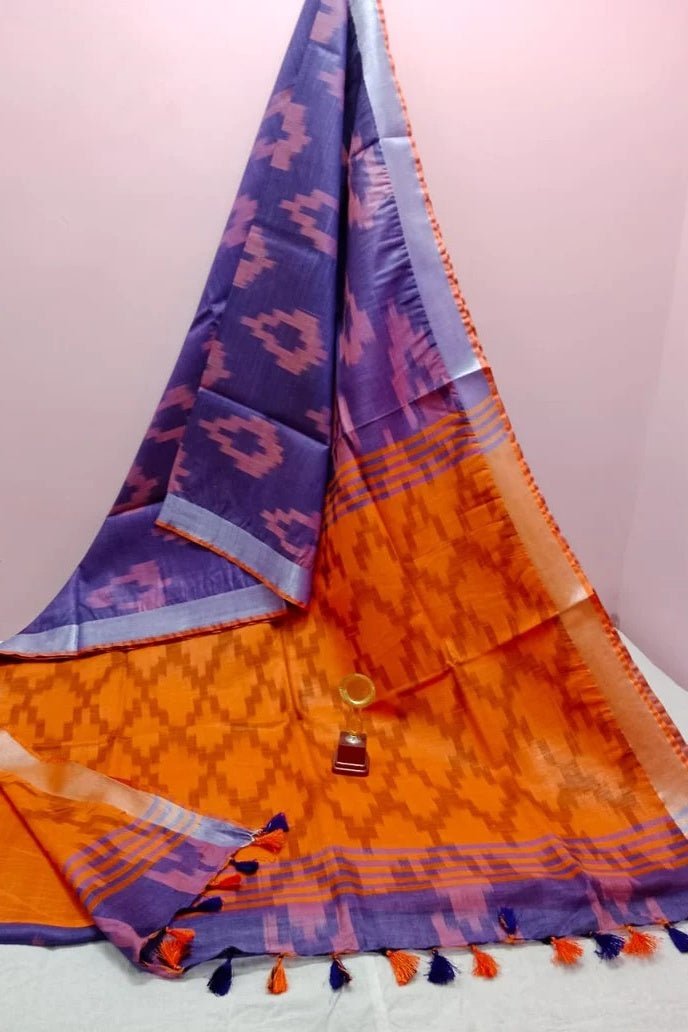 purple orange handwoven ikat cotton saree - linenworldonline.in