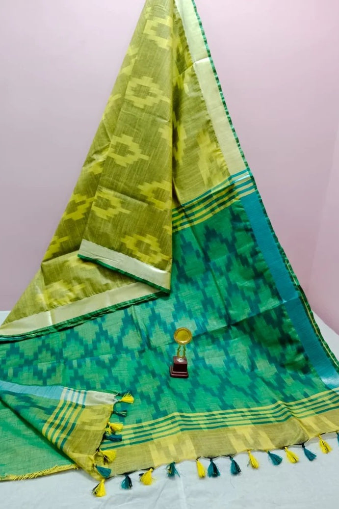 yellow green handwoven ikat cotton saree - linenworldonline.in