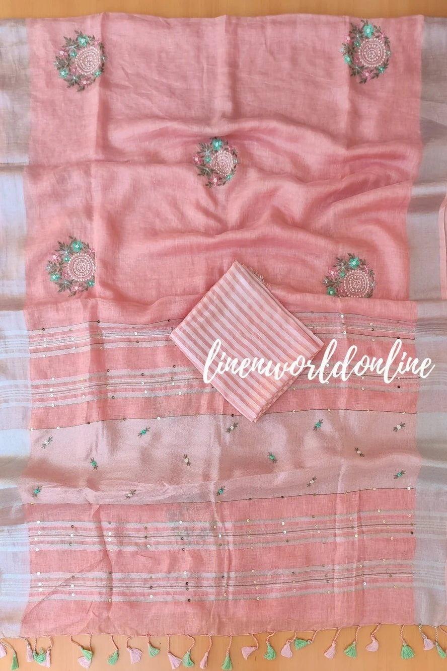 peach handwoven linen saree with french knot embroidery - linenworldonline.in