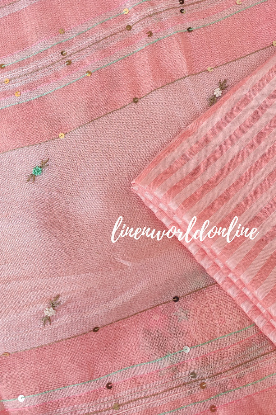 peach handwoven linen saree with french knot embroidery - linenworldonline.in