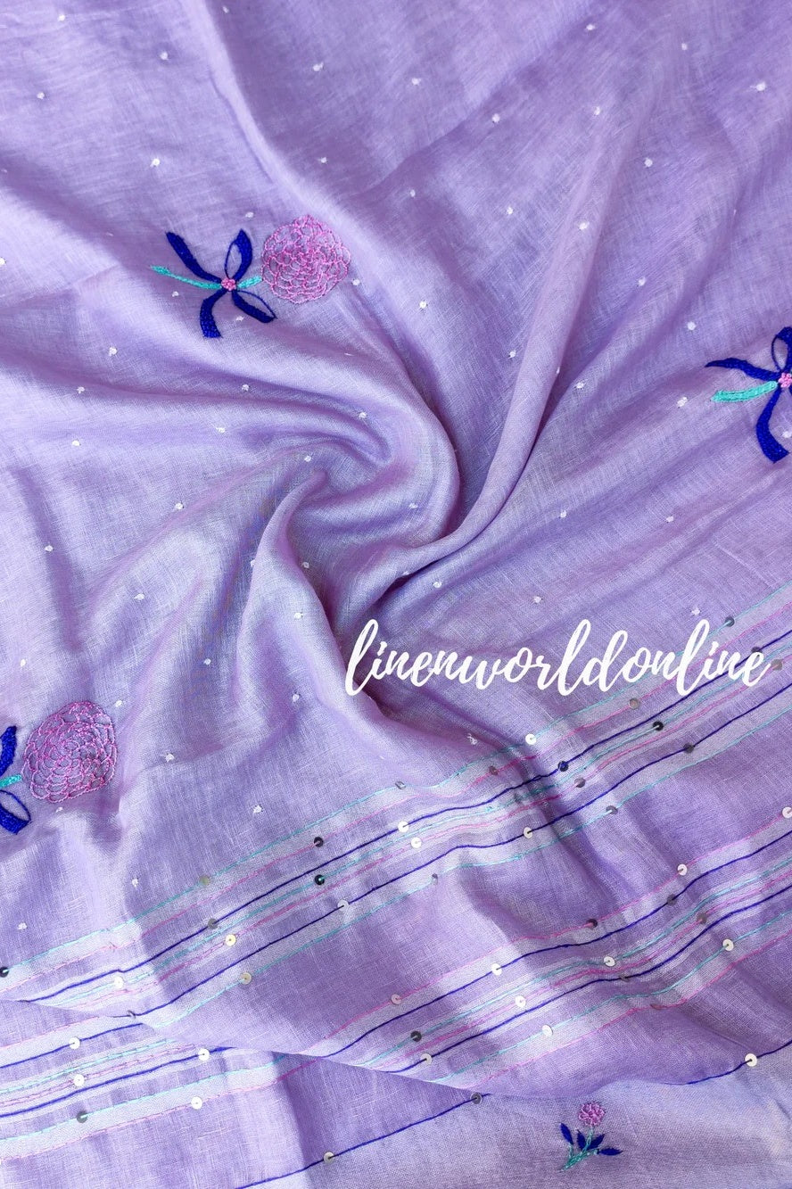 lilac handwoven linen saree with french knot embroidery - linenworldonline.in