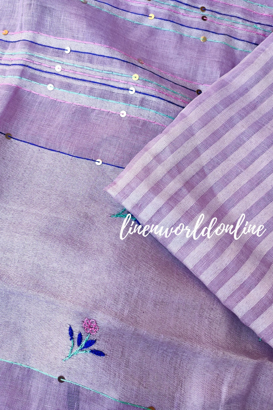lilac handwoven linen saree with french knot embroidery - linenworldonline.in