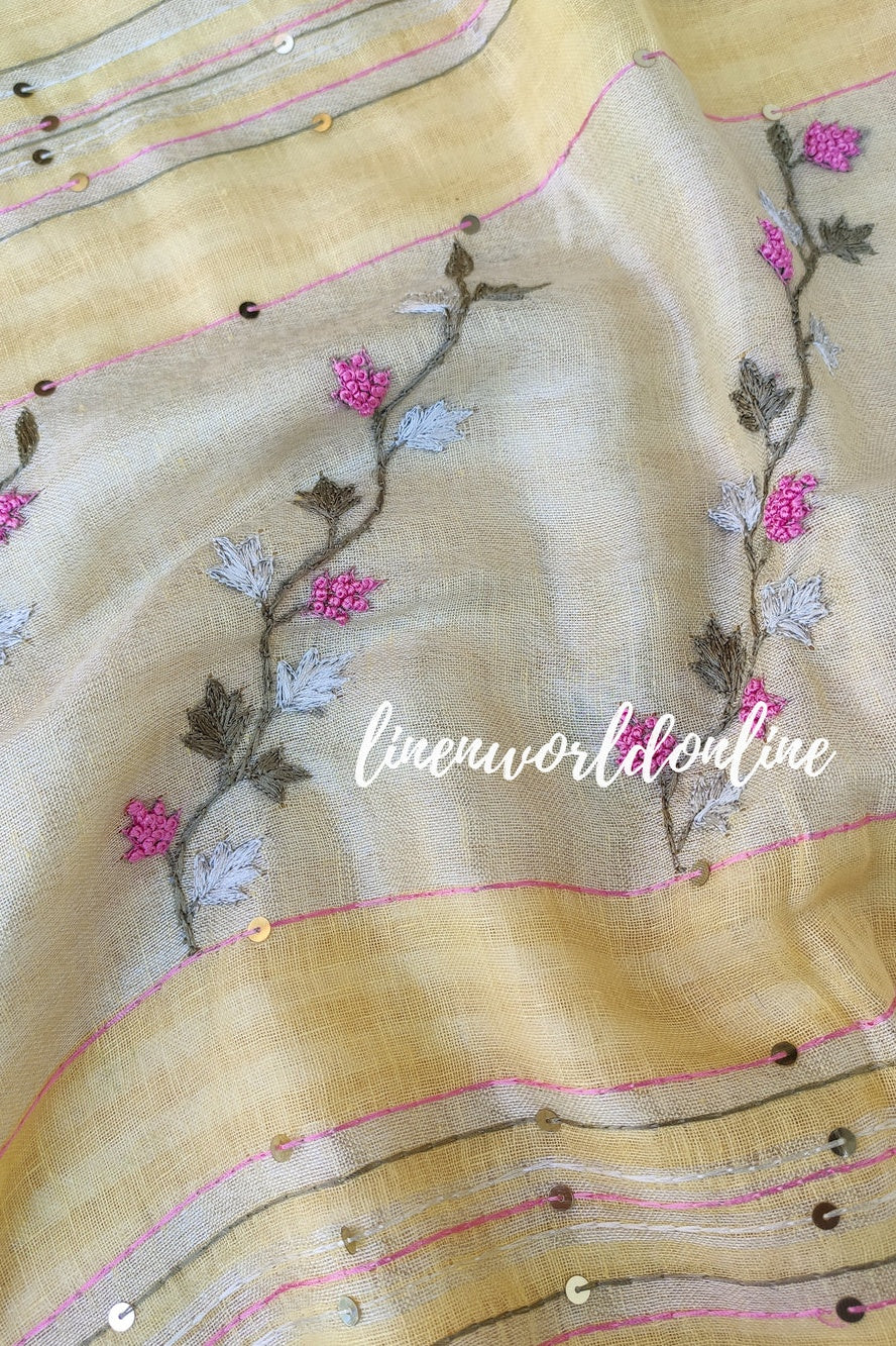yellow handwoven linen saree with french knot embroidery - linenworldonline.in