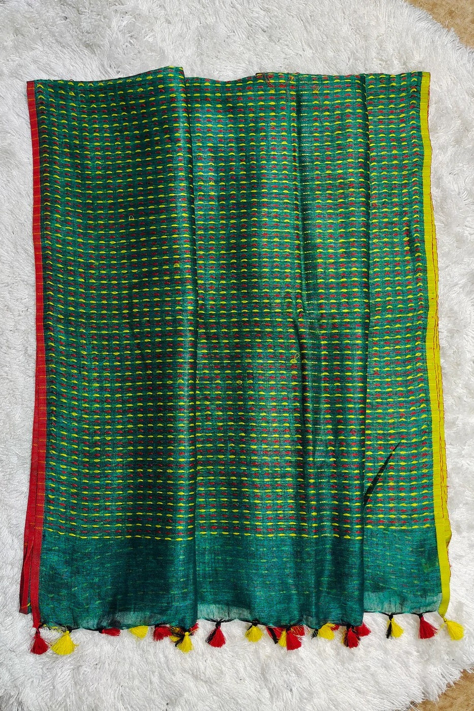green pure linen kantha woven saree - linenworldonline.in