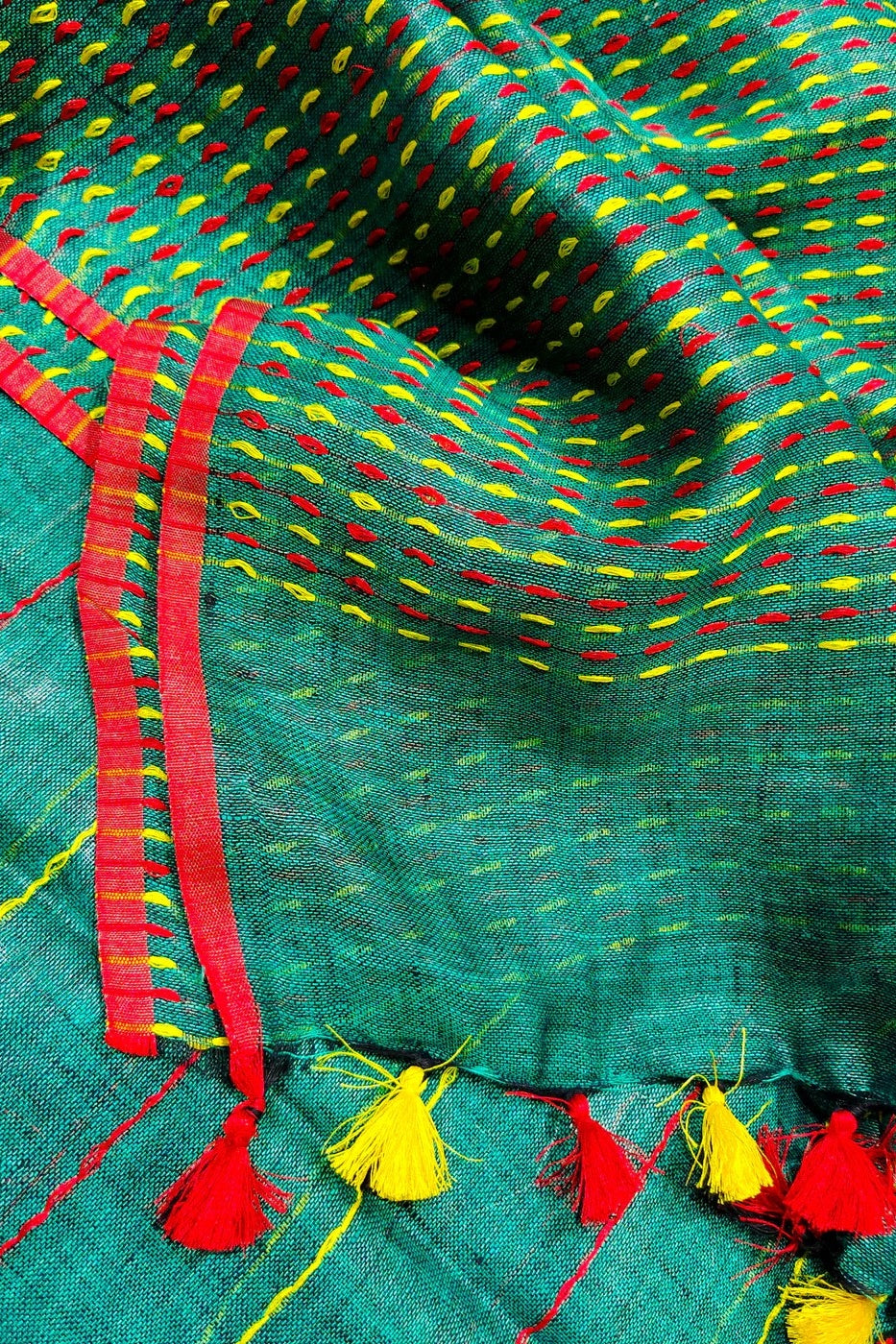 green pure linen kantha woven saree - linenworldonline.in
