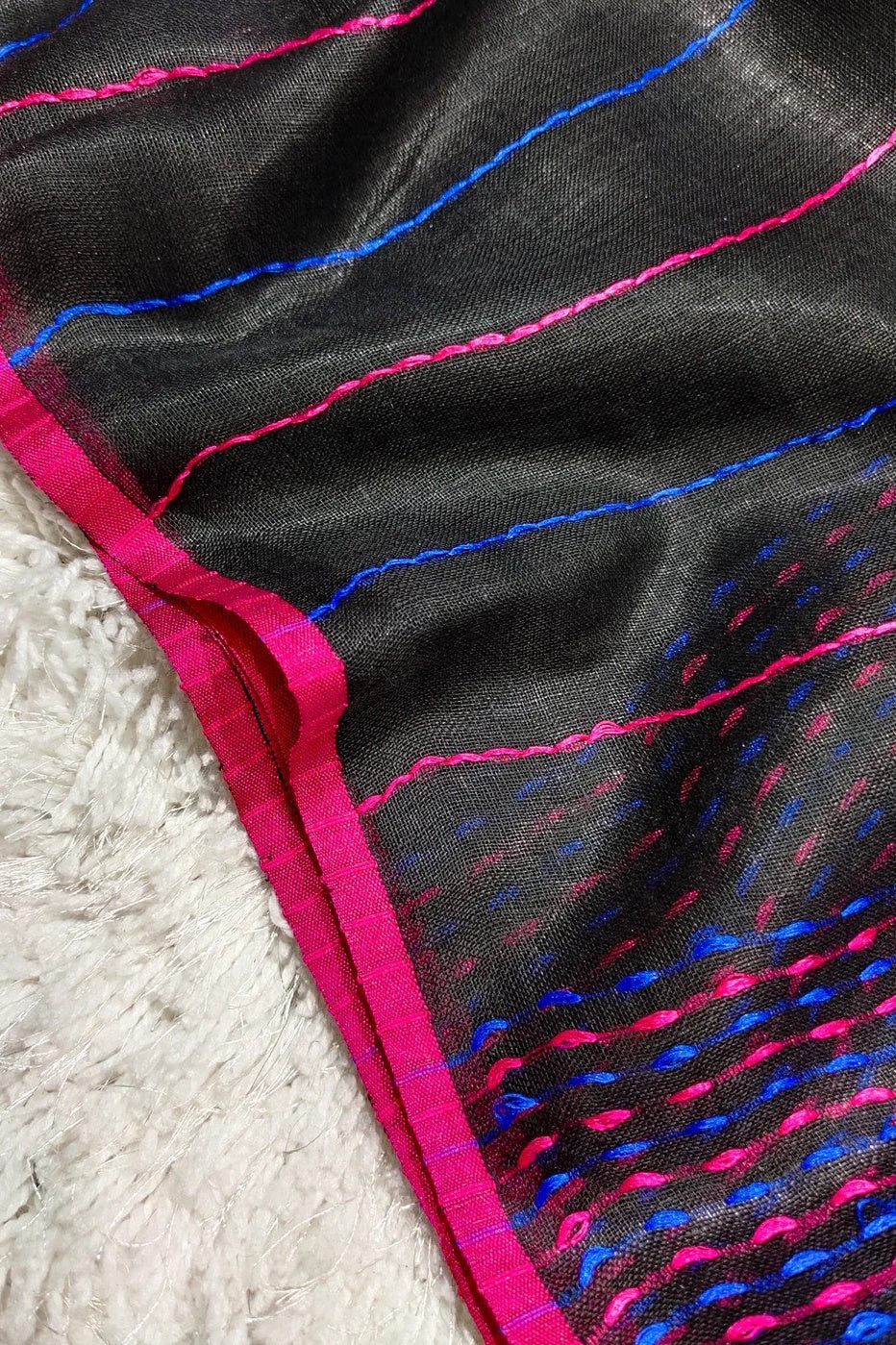 black pure linen kantha woven saree - linenworldonline.in