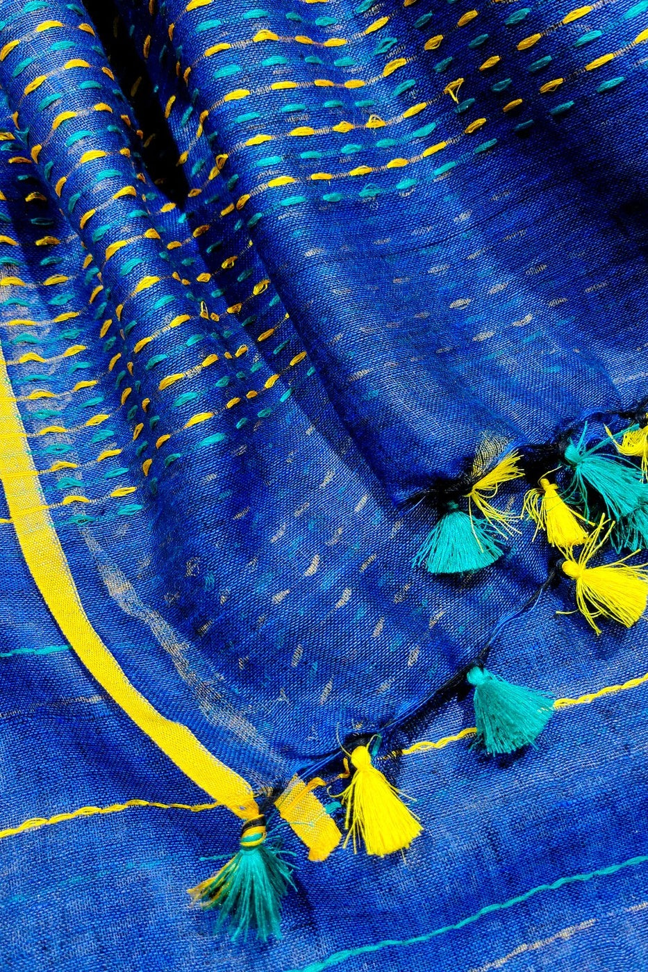 blue pure linen kantha woven saree - linenworldonline.in