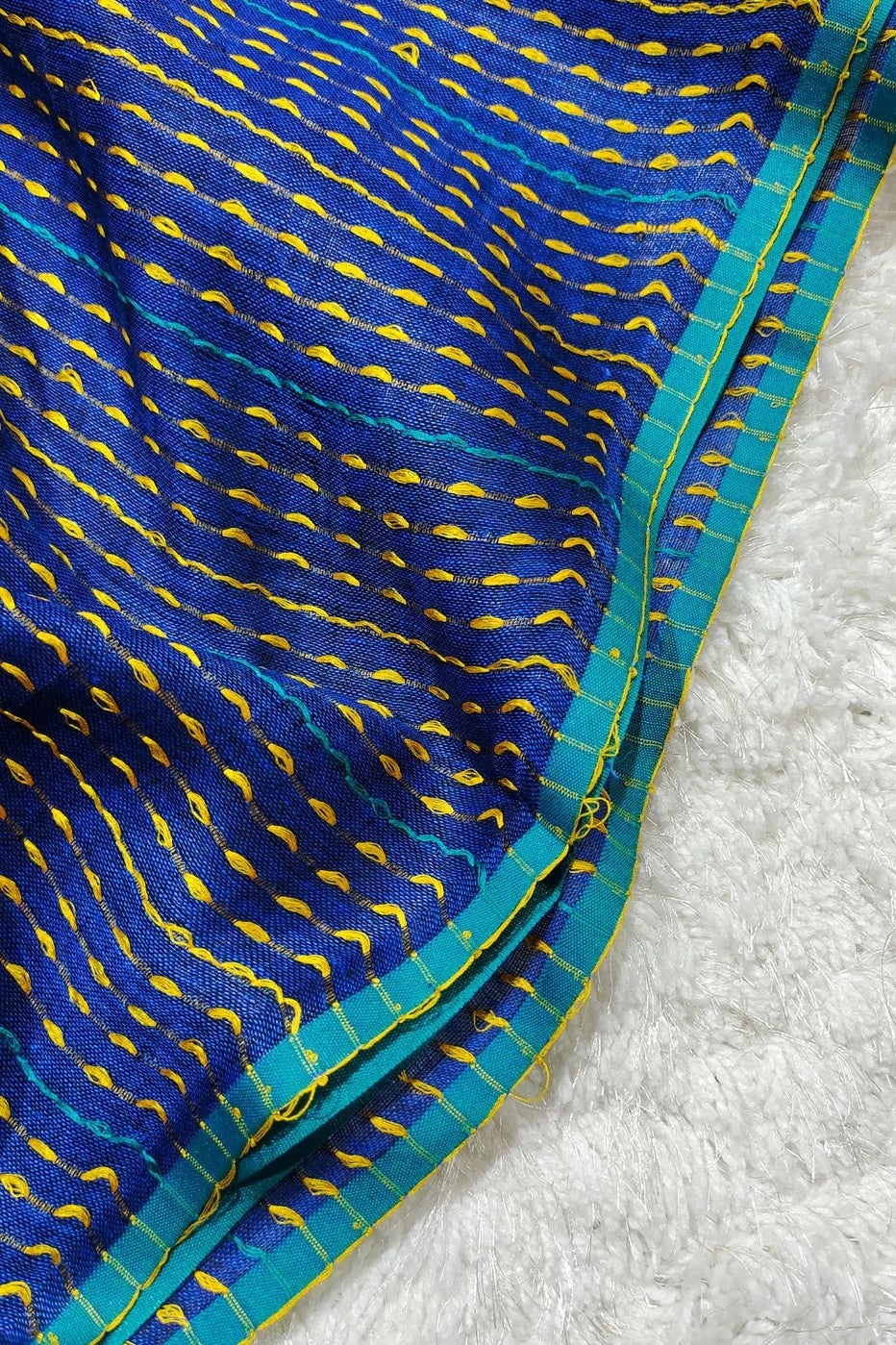 blue pure linen kantha woven saree - linenworldonline.in