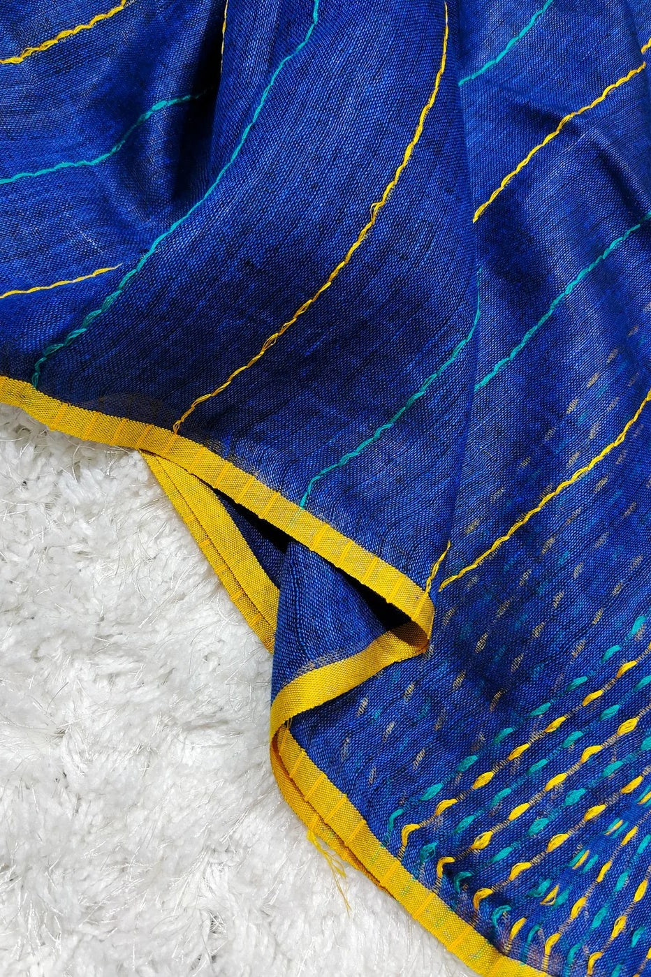 blue pure linen kantha woven saree - linenworldonline.in